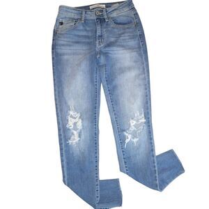 Kancan Women's "Cassandra" Mid Rise Super Skinny Frayed Distressed Sz 23 Raw Hem